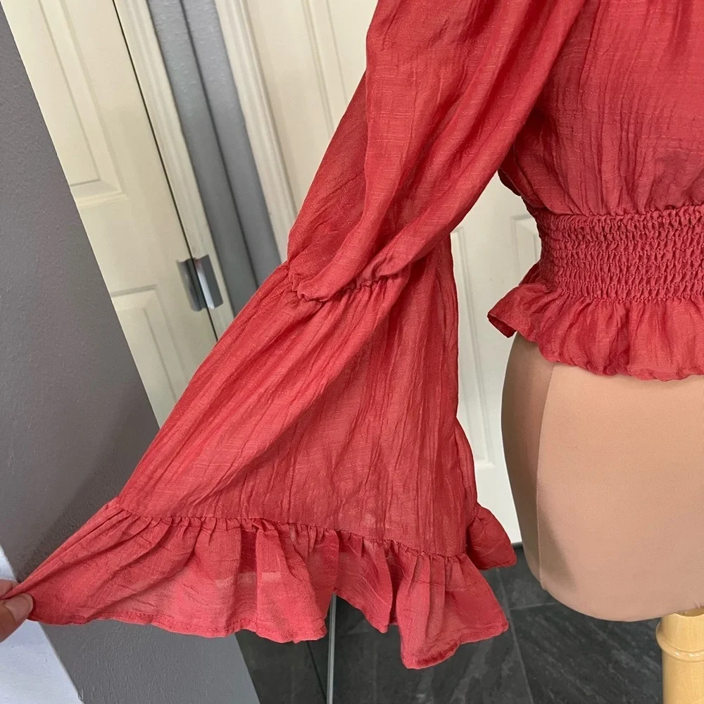 Hint of Blush Crop‎ Peasant Flare Ruffle Sleeve Boho Top
